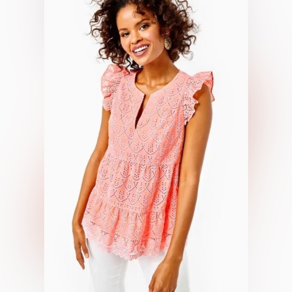 Lilly Pulitzer Coral Eyelet Flutter Sleeve Blouse